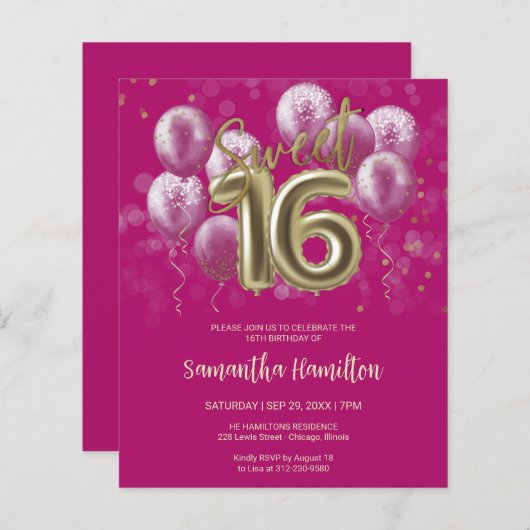 Gold Sweet 16 Bday Balloons Pink Budge Uitnodiging (Voorkant / Achterkant)