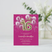 Gold Sweet 16 Bday Balloons Pink Budge Uitnodiging (Staand voorkant)