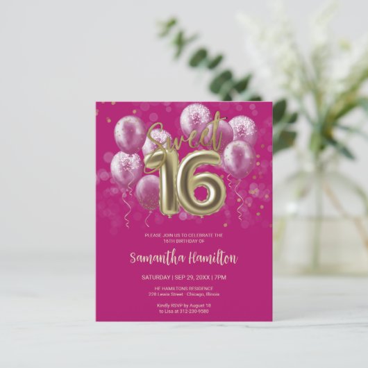 Gold Sweet 16 Bday Balloons Pink Budge Uitnodiging (Staand voorkant)