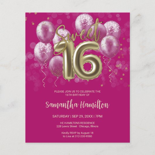 Gold Sweet 16 Bday Balloons Pink Budge Uitnodiging (Voorkant)