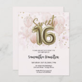 Gold Sweet 16 Bday Balloons Pink Budge Uitnodiging (Voorkant / Achterkant)