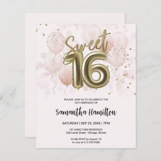 Gold Sweet 16 Bday Balloons Pink Budge Uitnodiging (Voorkant / Achterkant)
