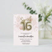 Gold Sweet 16 Bday Balloons Pink Budge Uitnodiging (Staand voorkant)