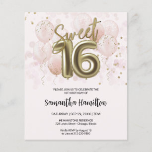 Gold Sweet 16 Bday Balloons Pink Budge Uitnodiging