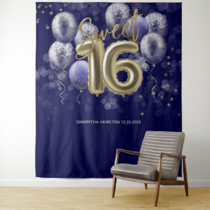 Gold Sweet 16-Bday Balloons Royal Blue Backdrop Wandkleed