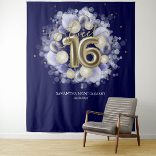 Gold Sweet 16-Bday Balloons Royal Blue Backdrop Wandkleed