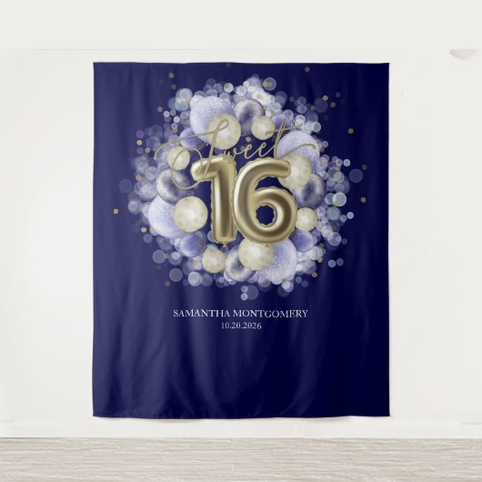 Gold Sweet 16-Bday Balloons Royal Blue Backdrop Wandkleed (Voorkant)