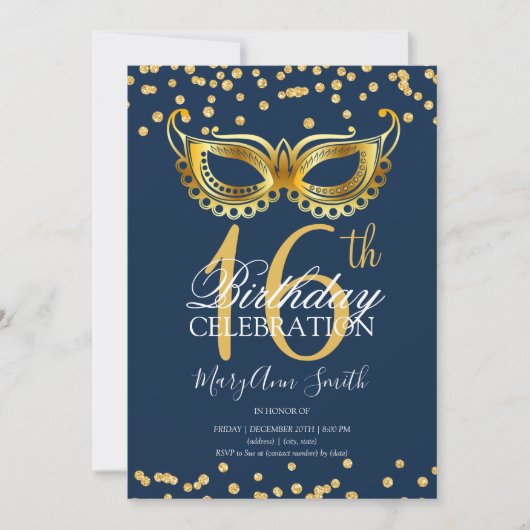 Gold Sweet 16 Masquerade Party Glitter Navy Kaart (Voorkant)