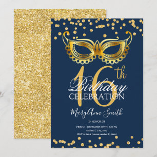 Gold Sweet 16 Masquerade Party Glitter Navy Kaart