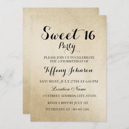 Gold Sweet 16 Party Invitation Kaart (Voorkant / Achterkant)