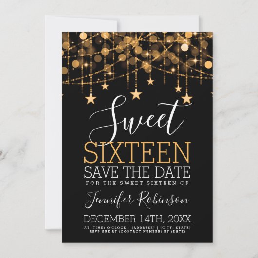 Gold Sweet 16 Sparkly String Lights Opslagdatum Save The Date (Voorkant)