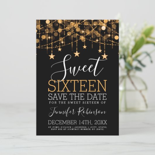 Gold Sweet 16 Sparkly String Lights Opslagdatum Save The Date (Staand voorkant)