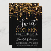 Gold Sweet 16 Sparkly String Lights Opslagdatum Save The Date (Voorkant / Achterkant)