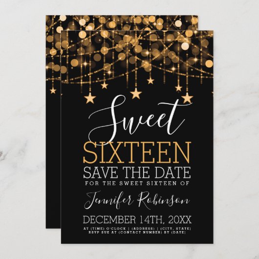 Gold Sweet 16 Sparkly String Lights Opslagdatum Save The Date (Voorkant / Achterkant)