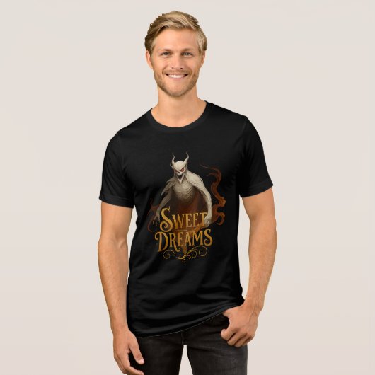 Gold “Sweet Dreams” Demon Horror Artwork Tri-Blend Shirt (Voorkant volledig)