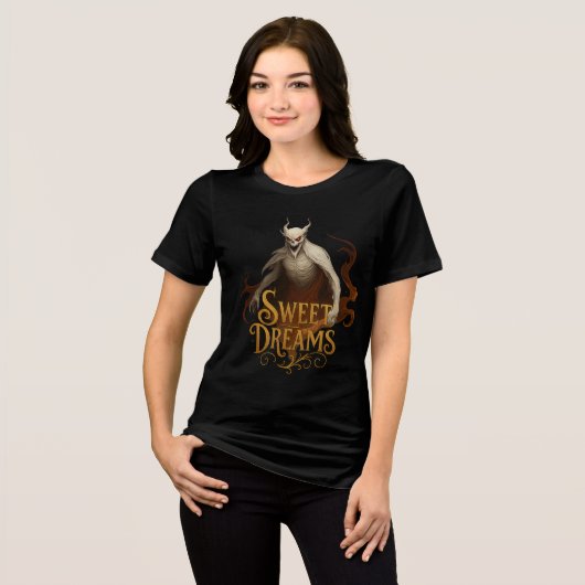 Gold “Sweet Dreams” Demon Horror Artwork Tri-Blend Shirt (Voorkant volledig)