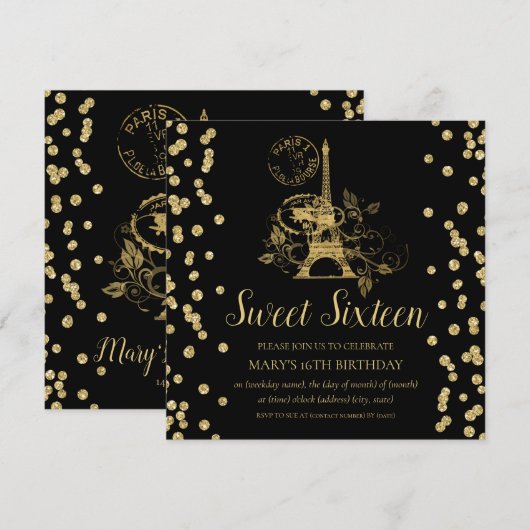 Gold Sweet Sixteen Paris Glitter Confetti Black Kaart (Voorkant / Achterkant)