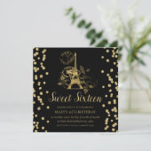 Gold Sweet Sixteen Paris Glitter Confetti Black Kaart (Staand voorkant)