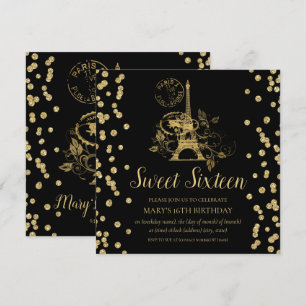 Gold Sweet Sixteen Paris Glitter Confetti Black Kaart