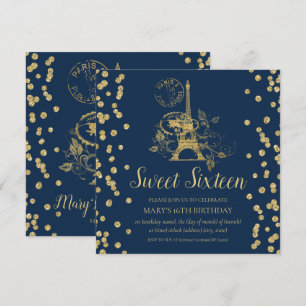 Gold Sweet Sixteen Paris Glitter Confetti Navy Blu Kaart