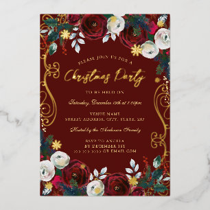 Gold Swirl Bloemen Rood Groen Kerstfeest Folie Folie Uitnodiging