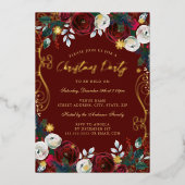 Gold Swirl Bloemen Rood Groen Kerstfeest Folie Folie Uitnodiging (Voorkant)