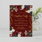 Gold Swirl Bloemen Rood Groen Kerstfeest Folie Folie Uitnodiging (Staand Voorkant)