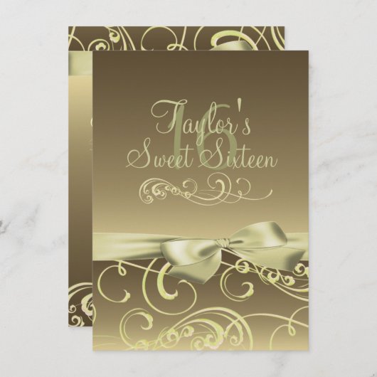 Gold Swirl & Bow Afbeelding Birthday Uitnodiging (Voorkant / Achterkant)