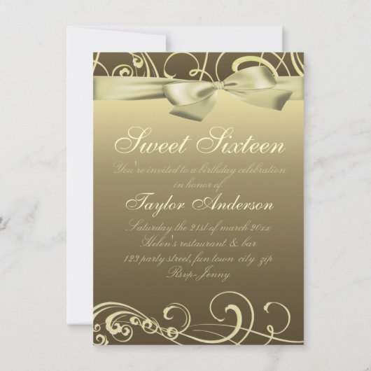 Gold Swirl & Bow Afbeelding Birthday Uitnodiging (Achterkant)