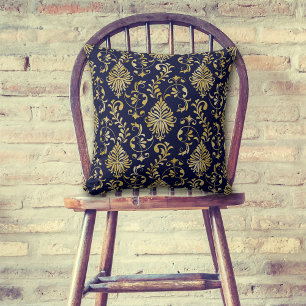 Gold Swirl Damask Patroon op Blue Kussen