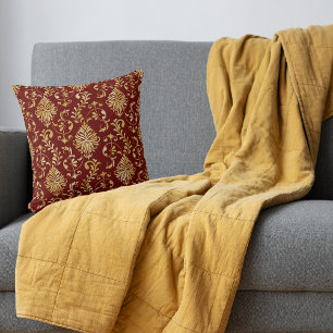 Gold Swirl Damask Pattern op Maroon Red Kussen