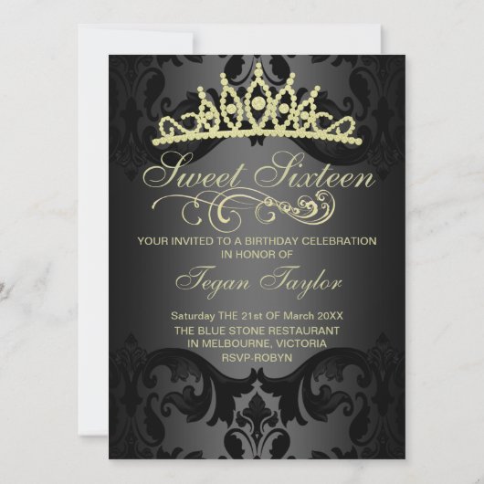 Gold Swirl Damask Sweet16 Verjaardag Uitnodigen Kaart (Achterkant)