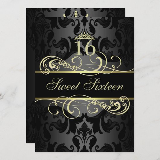 Gold Swirl Damask Sweet16 Verjaardag Uitnodigen Kaart (Voorkant / Achterkant)
