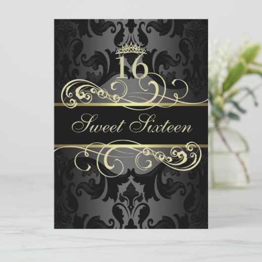 Gold Swirl Damask Sweet16 Verjaardag Uitnodigen Kaart (Staand voorkant)