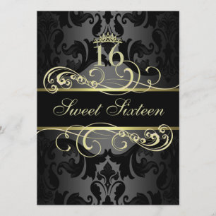 Gold Swirl Damask Sweet16 Verjaardag Uitnodigen Kaart