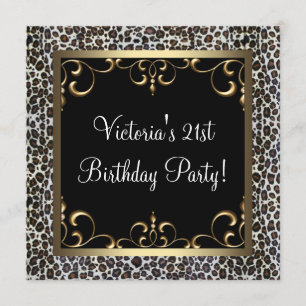 Gold Swirl Elegant Leopard Birthday Party Kaart