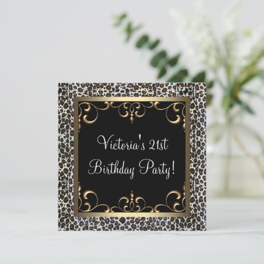 Gold Swirl Elegant Leopard Verjaardagsfeest Kaart (Staand voorkant)