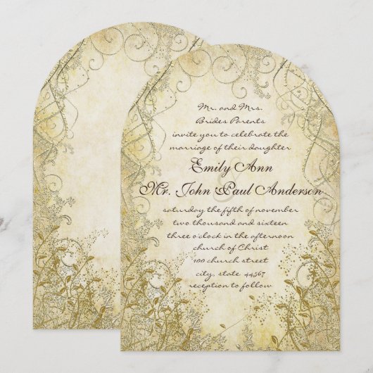 Gold Swirl Gold Metallic Wedding Invitations Kaart (Voorkant / Achterkant)