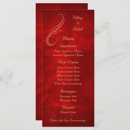 Gold Swirl Helder Rood Wedding Menu (Voorkant / Achterkant)