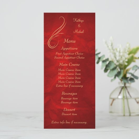 Gold Swirl Helder Rood Wedding Menu (Staand voorkant)