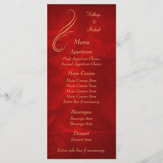 Gold Swirl Helder Rood Wedding Menu (Voorkant)