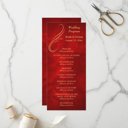 Gold Swirl Helder Rood Wedding Programma Programmakaart (Voorkant / Achterkant in situ)