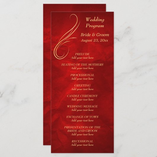 Gold Swirl Helder Rood Wedding Programma Programmakaart (Voorkant / Achterkant)
