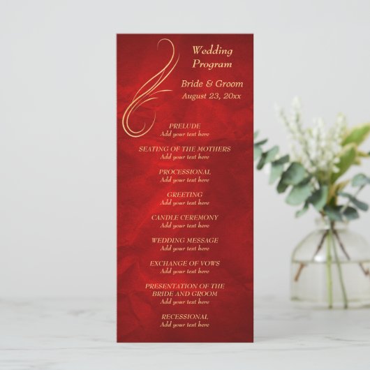 Gold Swirl Helder Rood Wedding Programma Programmakaart (Staand voorkant)
