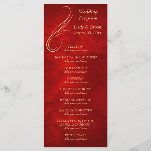 Gold Swirl Helder Rood Wedding Programma Programmakaart (Voorkant)