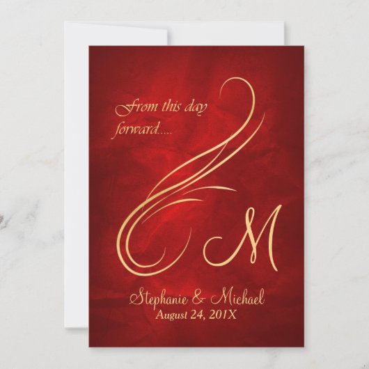 Gold Swirl Monogram Helder Rood Huwelijk Kaart (Voorkant)