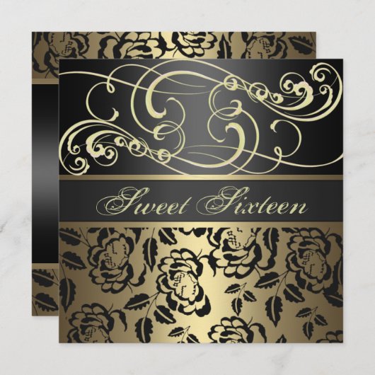 Gold Swirl & Roos Sweet 16th Birthday Uitnodiging (Voorkant / Achterkant)