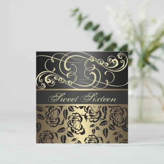 Gold Swirl & Roos Sweet 16th Birthday Uitnodiging (Staand voorkant)