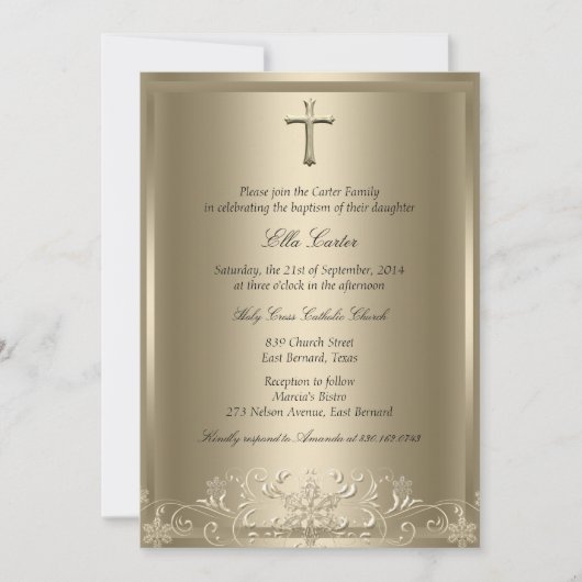 Gold Swirl Snowflake & Cross Girl Baptism Invite Kaart (Voorkant)