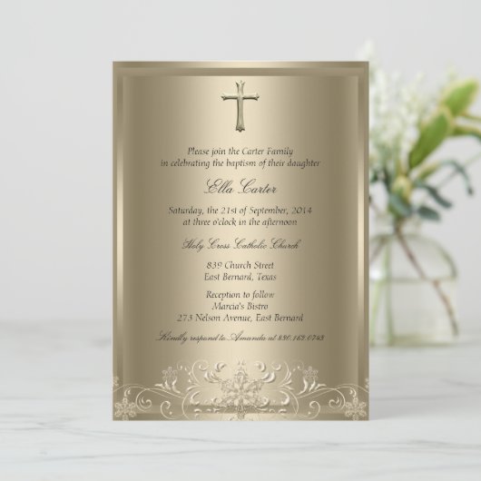 Gold Swirl Snowflake & Cross Girl Baptism Invite Kaart (Staand voorkant)